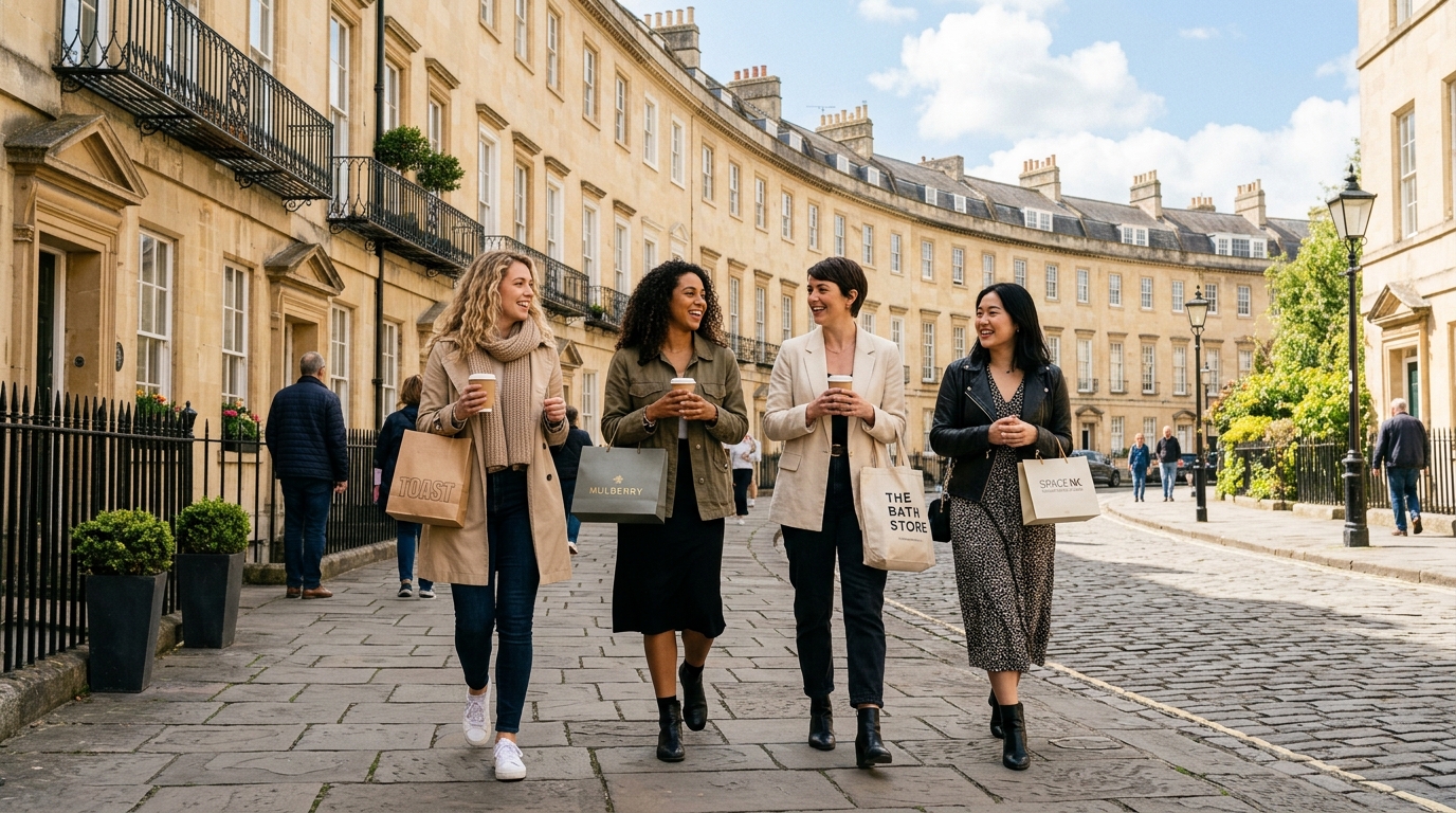 Group of women walking along a picturesque street in Bath with Georgian architecture and coffee