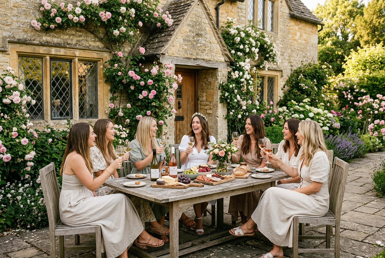 Hen party at a Cotswolds cottage, outdoor table with wine and cheese, honey-coloured stone, golden light