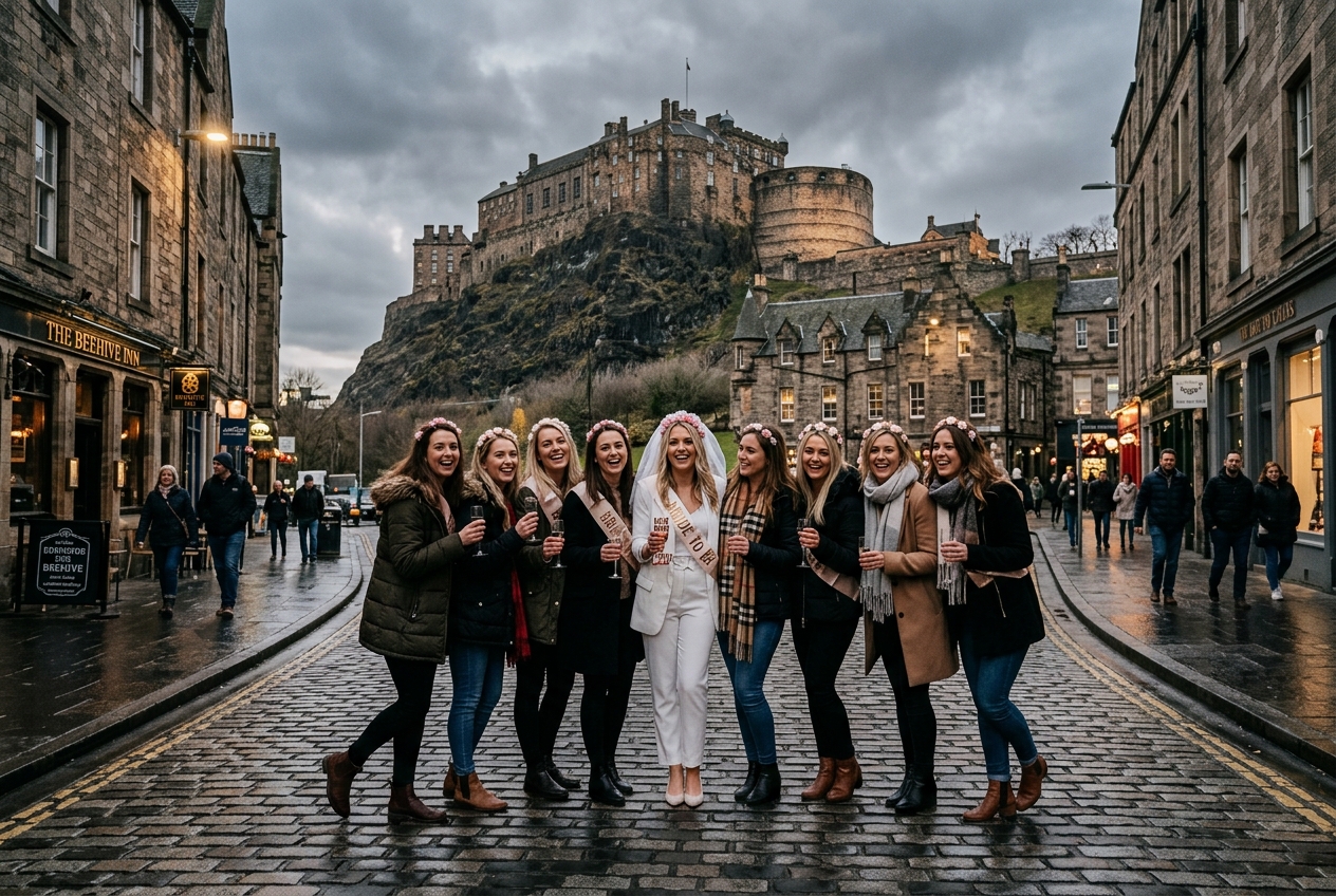 Group of women on a hen do in Edinburgh, cobblestone street, Edinburgh Castle on the hill behind