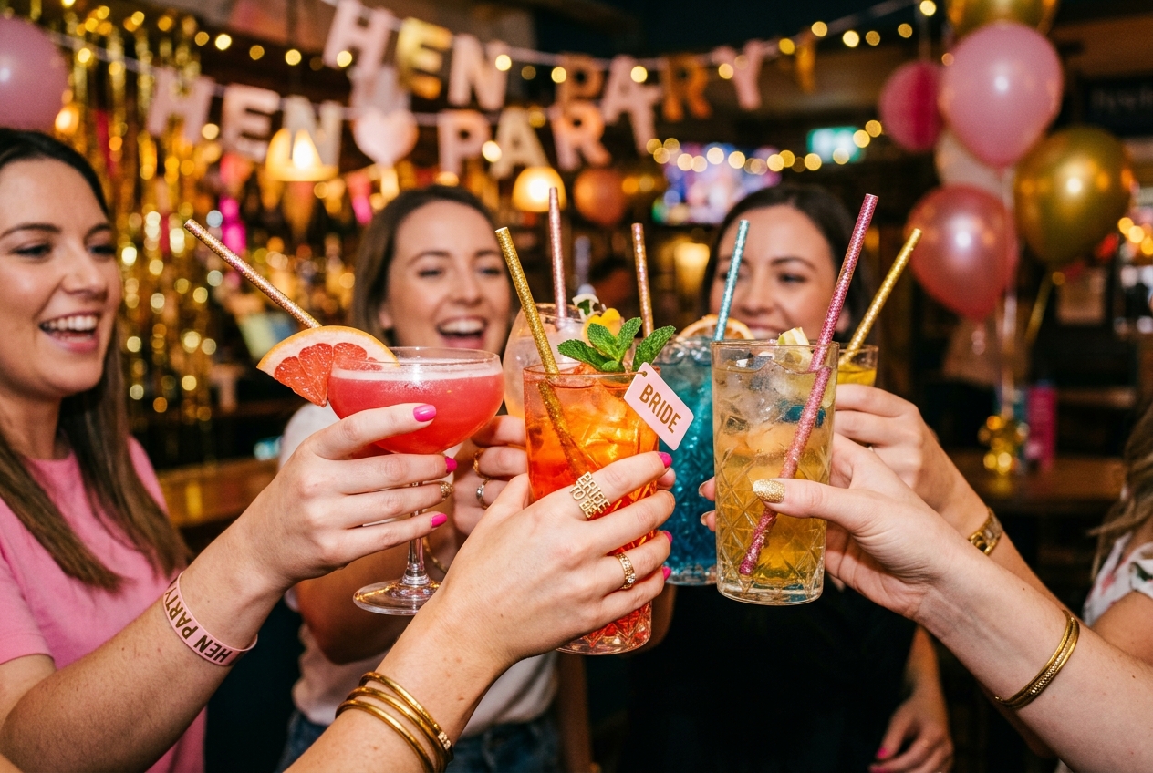 Close-up of colourful cocktails held up for cheers at a hen party, pink and gold decorations