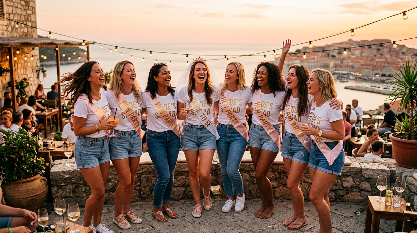Group of eight women on a hen do, matching outfits and sashes, laughing on an outdoor terrace