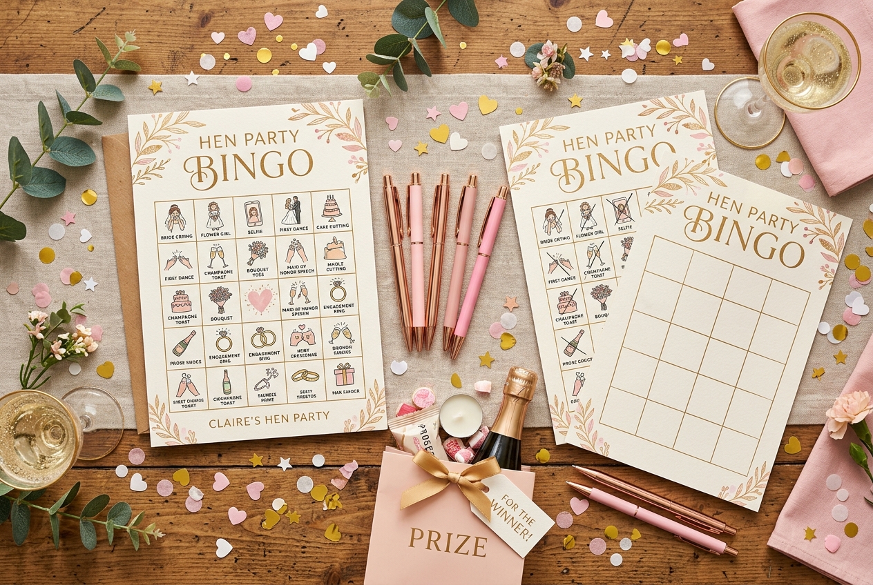 Hen party bingo cards with wedding-themed items, pens, confetti, and a small prize gift bag