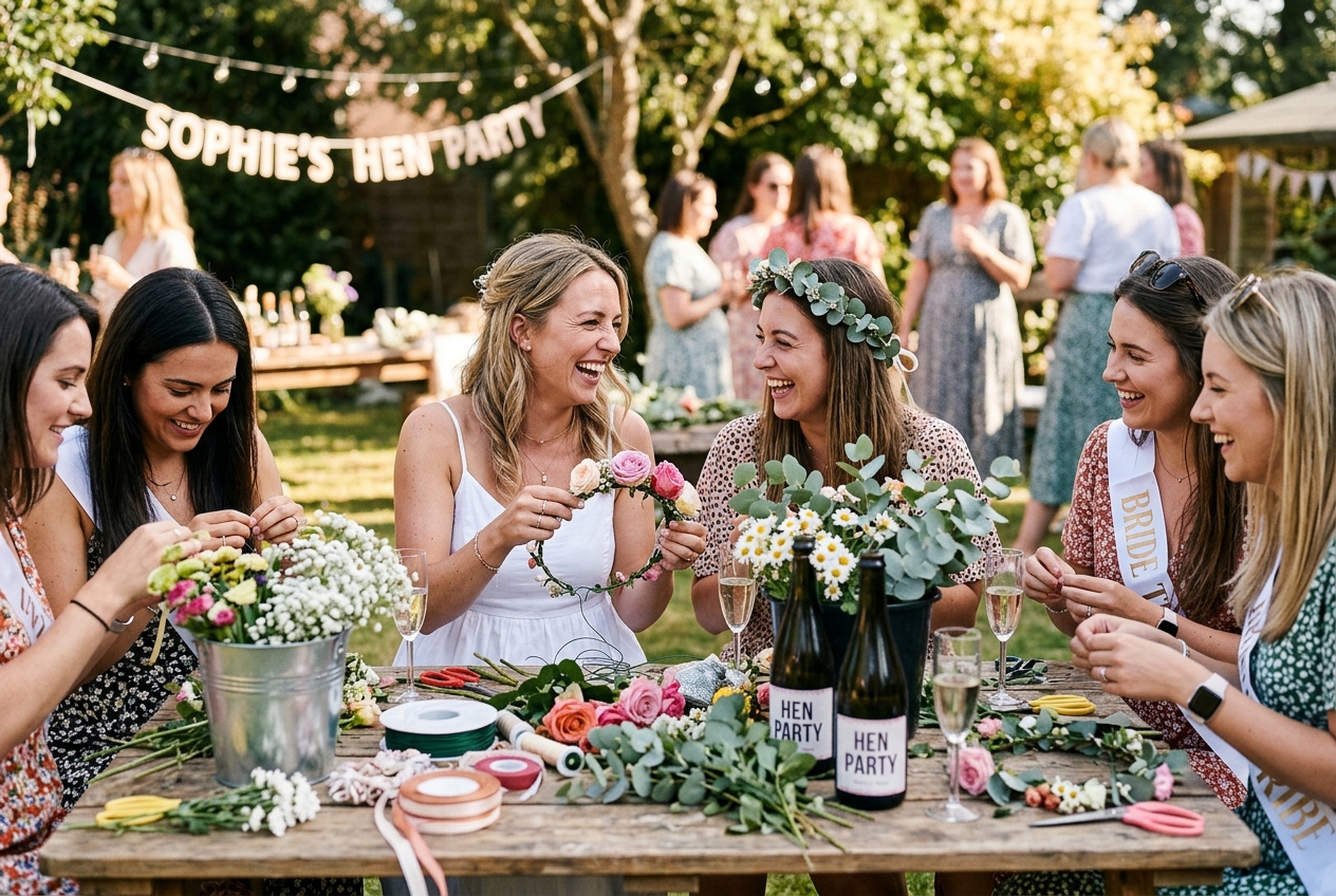 Women at a hen party doing a craft activity, making flower crowns, supplies on a table, laughing