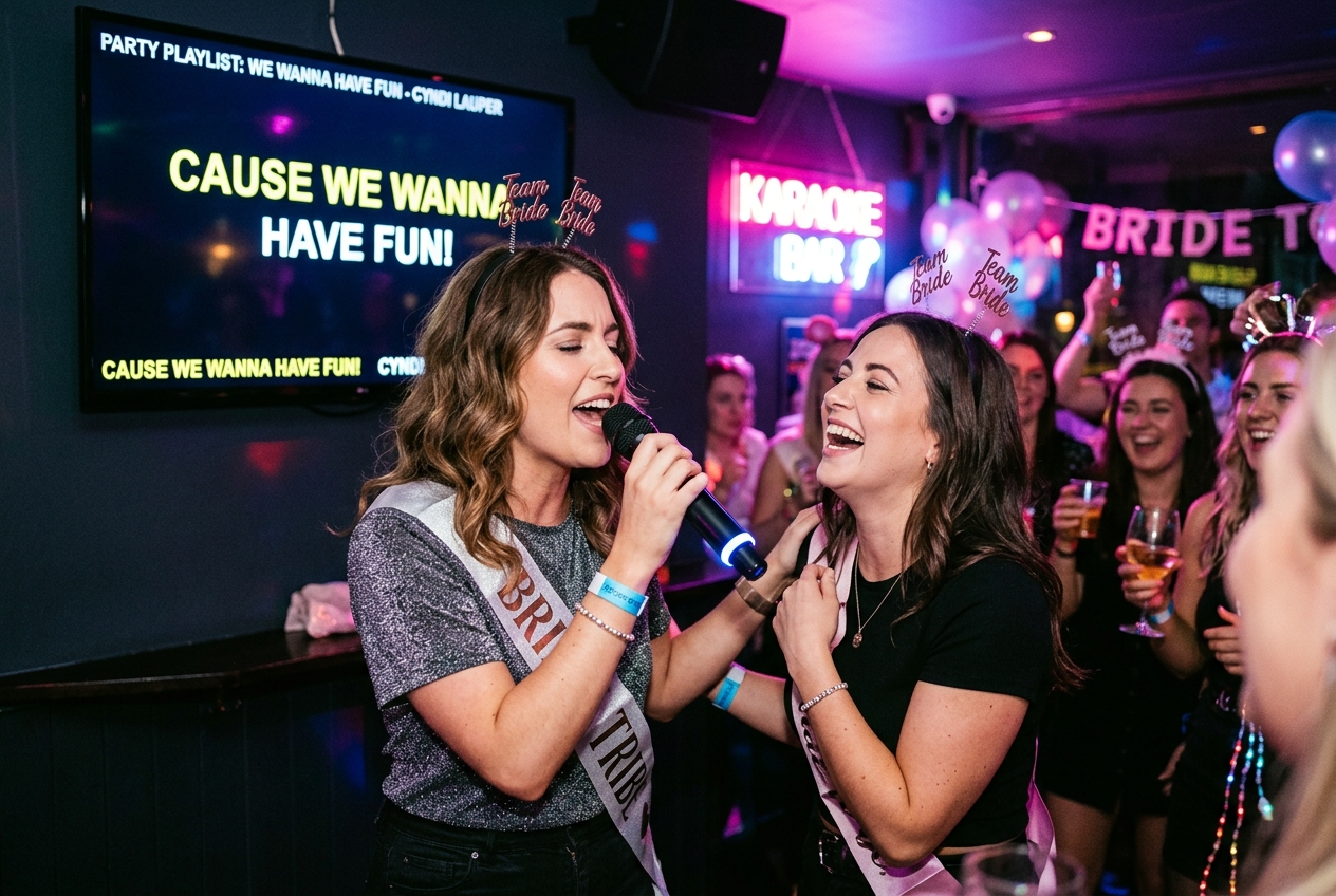 Two women singing karaoke at a hen party, neon lights and lyrics on screen, fun atmosphere