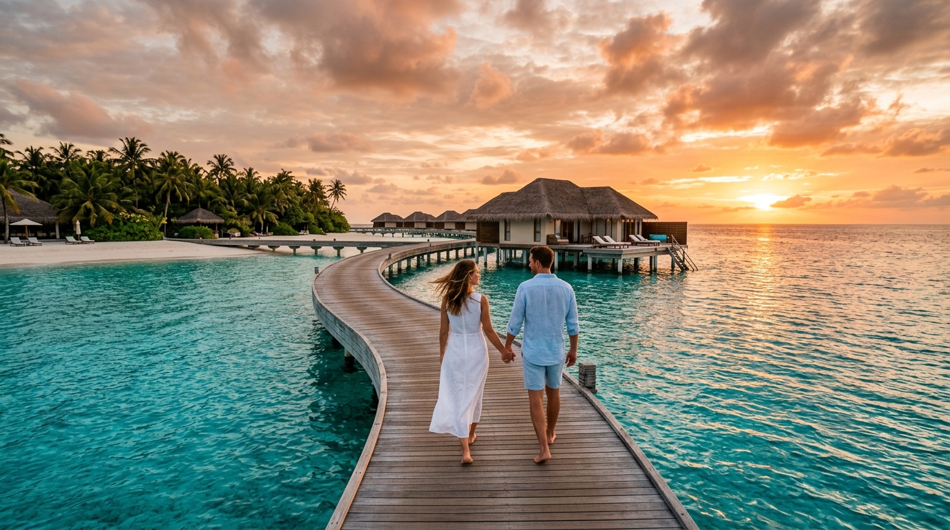 Overwater bungalow in the Maldives, turquoise lagoon, couple walking on white sand at sunset