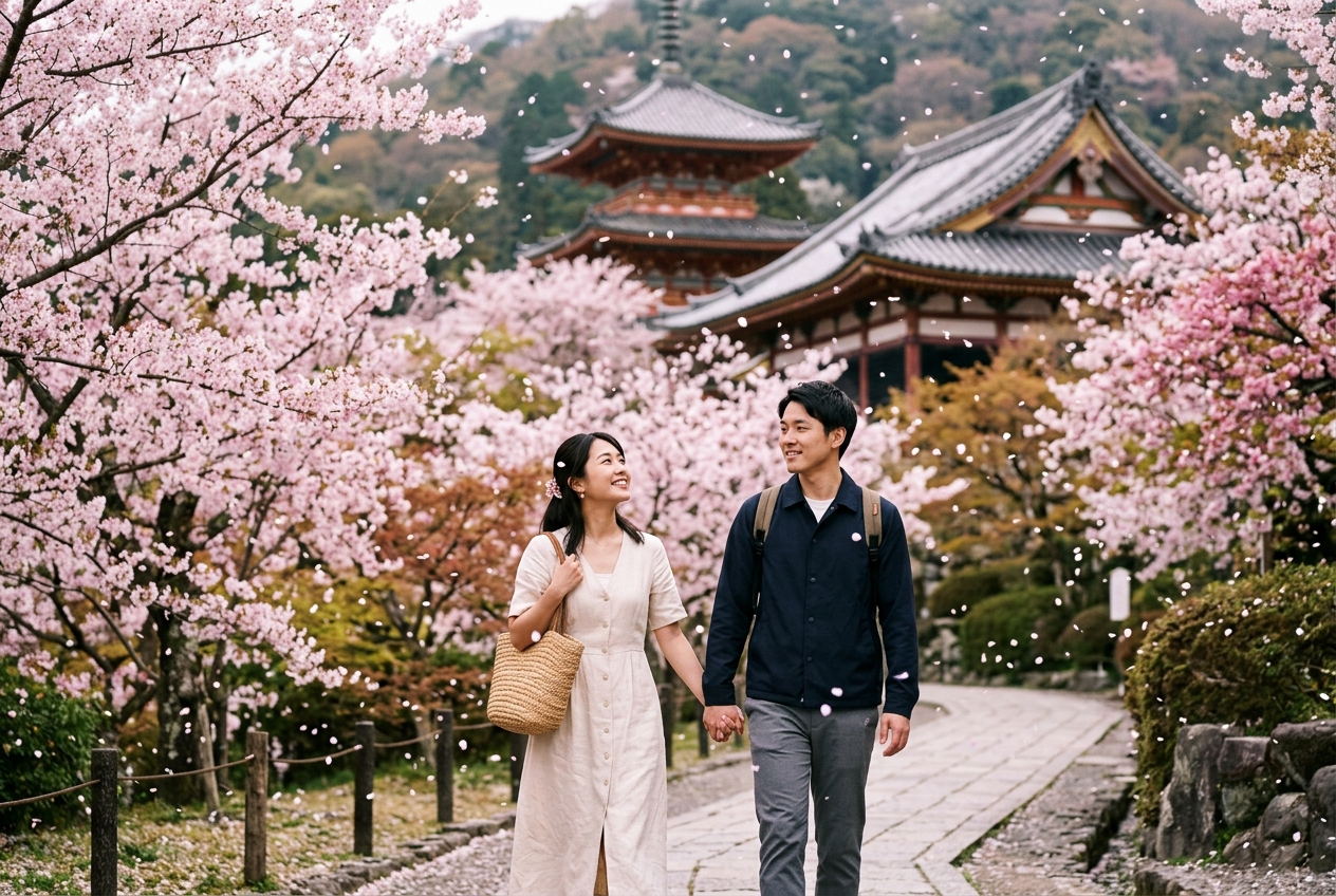 Couple in cherry blossom garden in Japan, pink sakura petals falling, temple in background, spring light