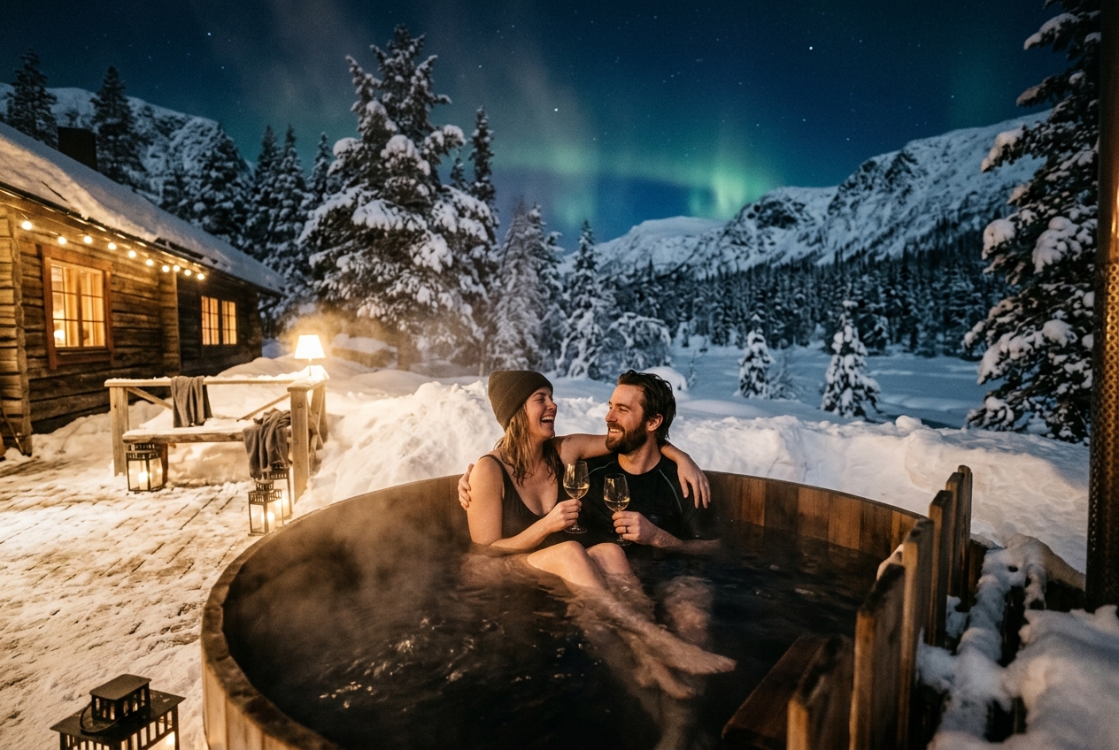 Couple in hot tub surrounded by snow, Scandinavian winter, Northern Lights faintly visible, steam rising