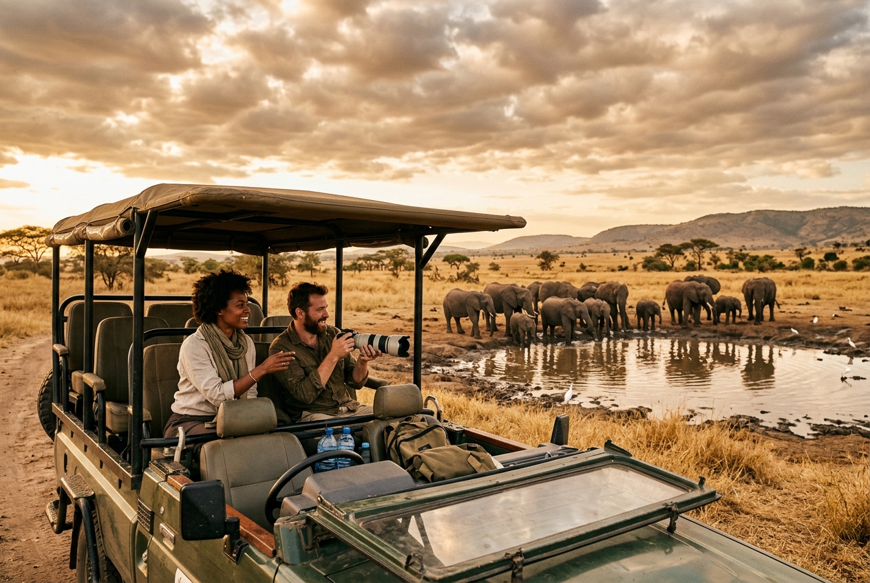 Couple on African safari in open-top jeep, watching elephants at watering hole, golden savannah
