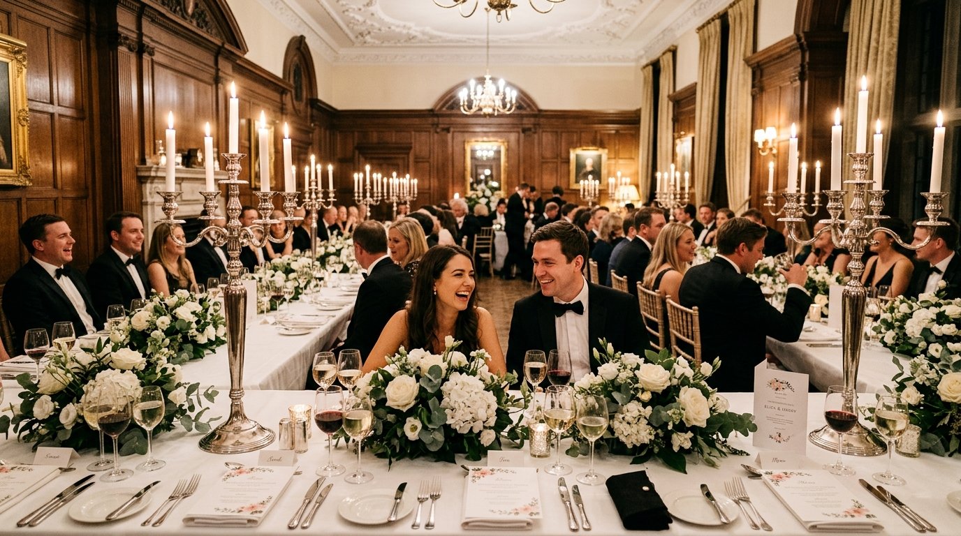 Formal hotel banquet wedding dinner with long trestle tables, silver candelabras, white roses, and guests seated in an elegant wood-panelled dining room