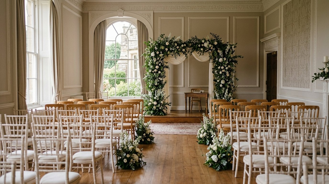 Hotel ceremony room with rows of white chairs facing a greenery-decorated archway, natural light streaming through large sash windows