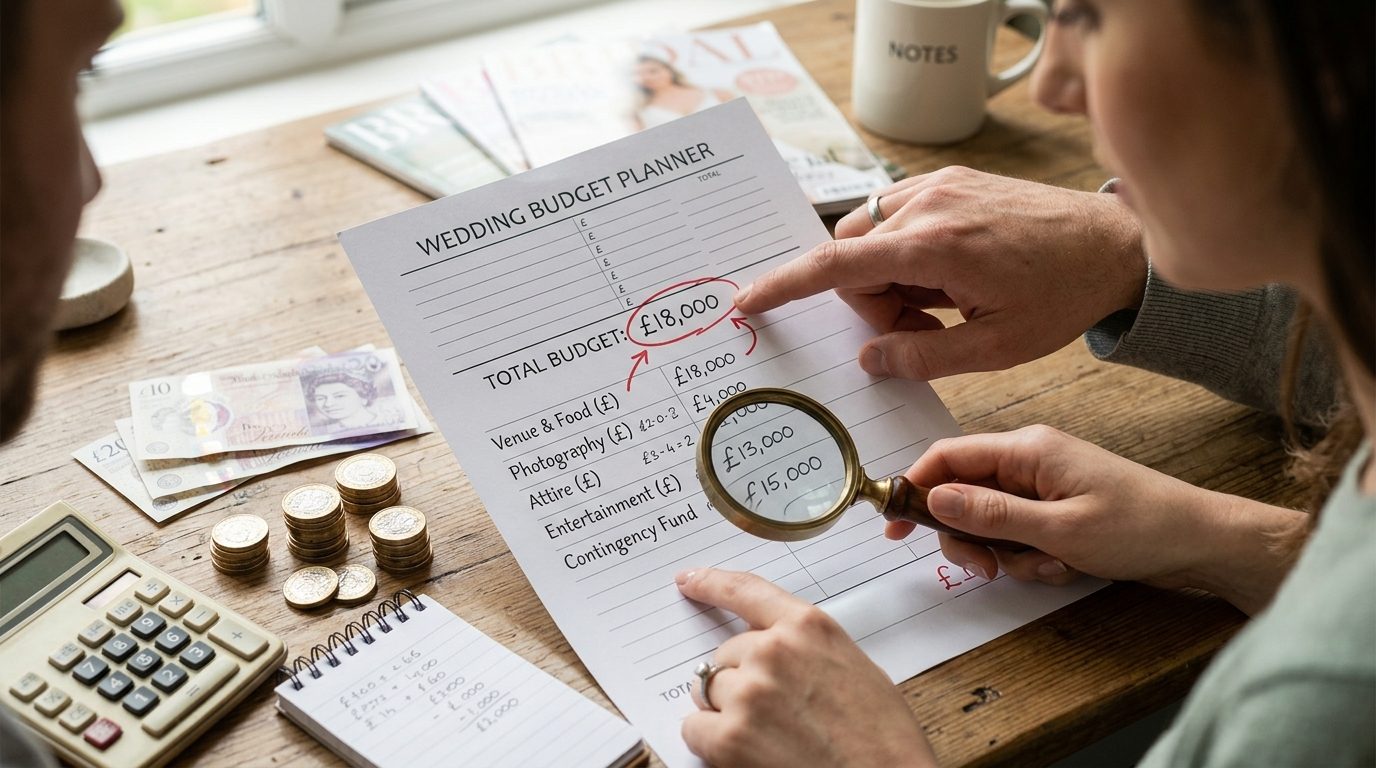 Couple agreeing the amount available for their wedding