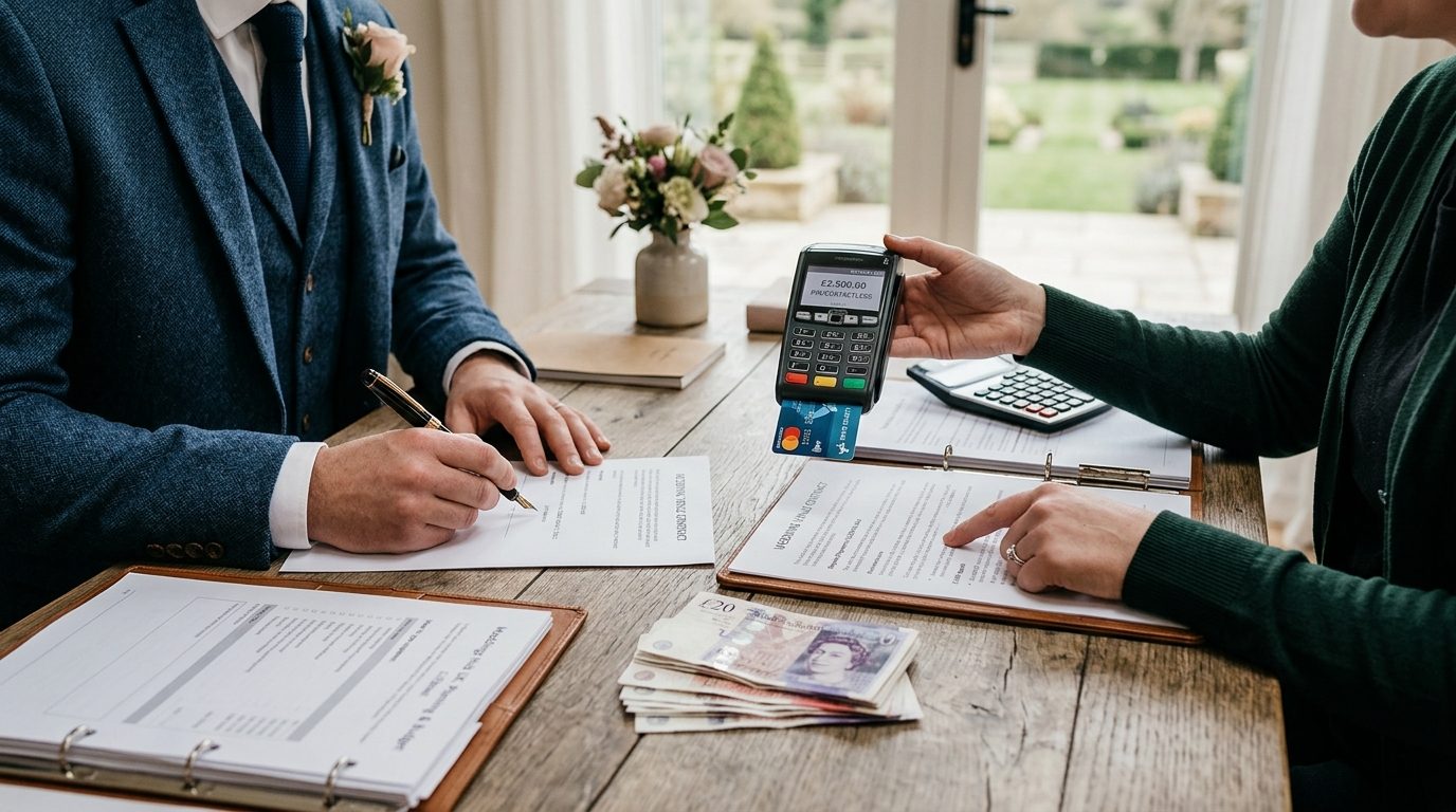 Couple checking a supplier invoice before paying the deposit