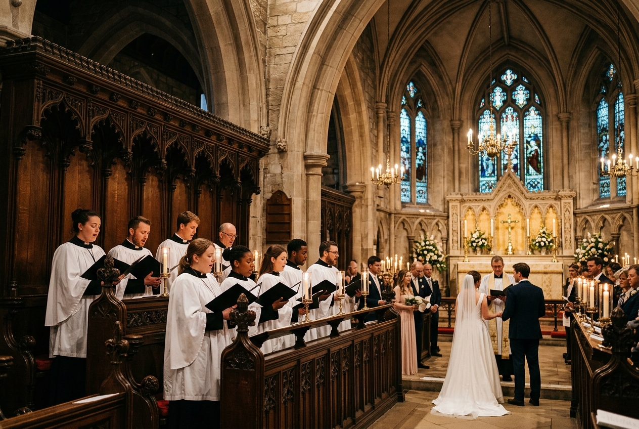 Small church choir singing at a wedding, white surplices, choir stalls, candlelight