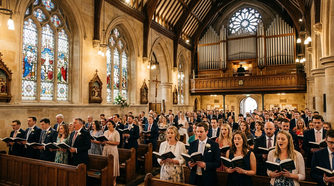 Congregation singing a hymn at a church wedding, hymn books open, stained glass windows, organ pipes