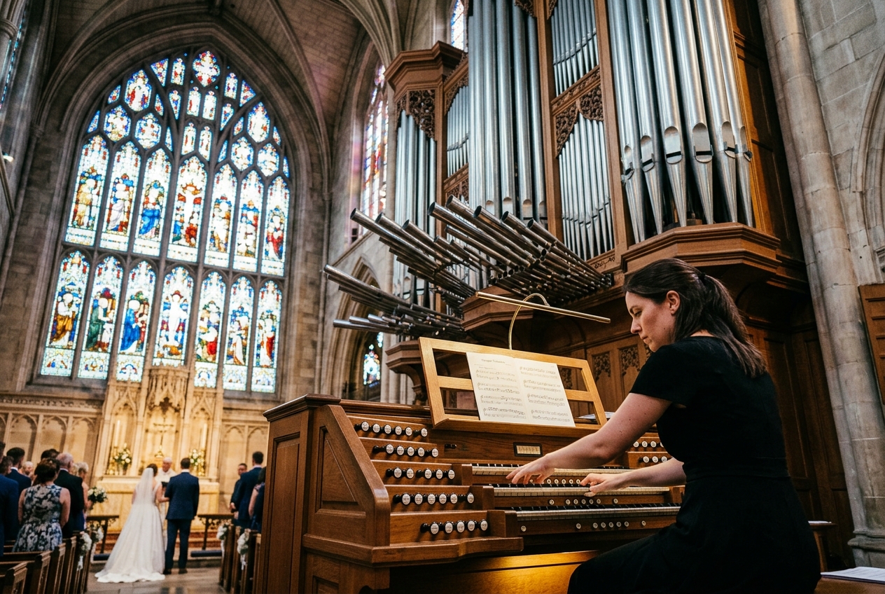 Church organist playing during a wedding, hands on keyboard, organ pipes, stained glass light