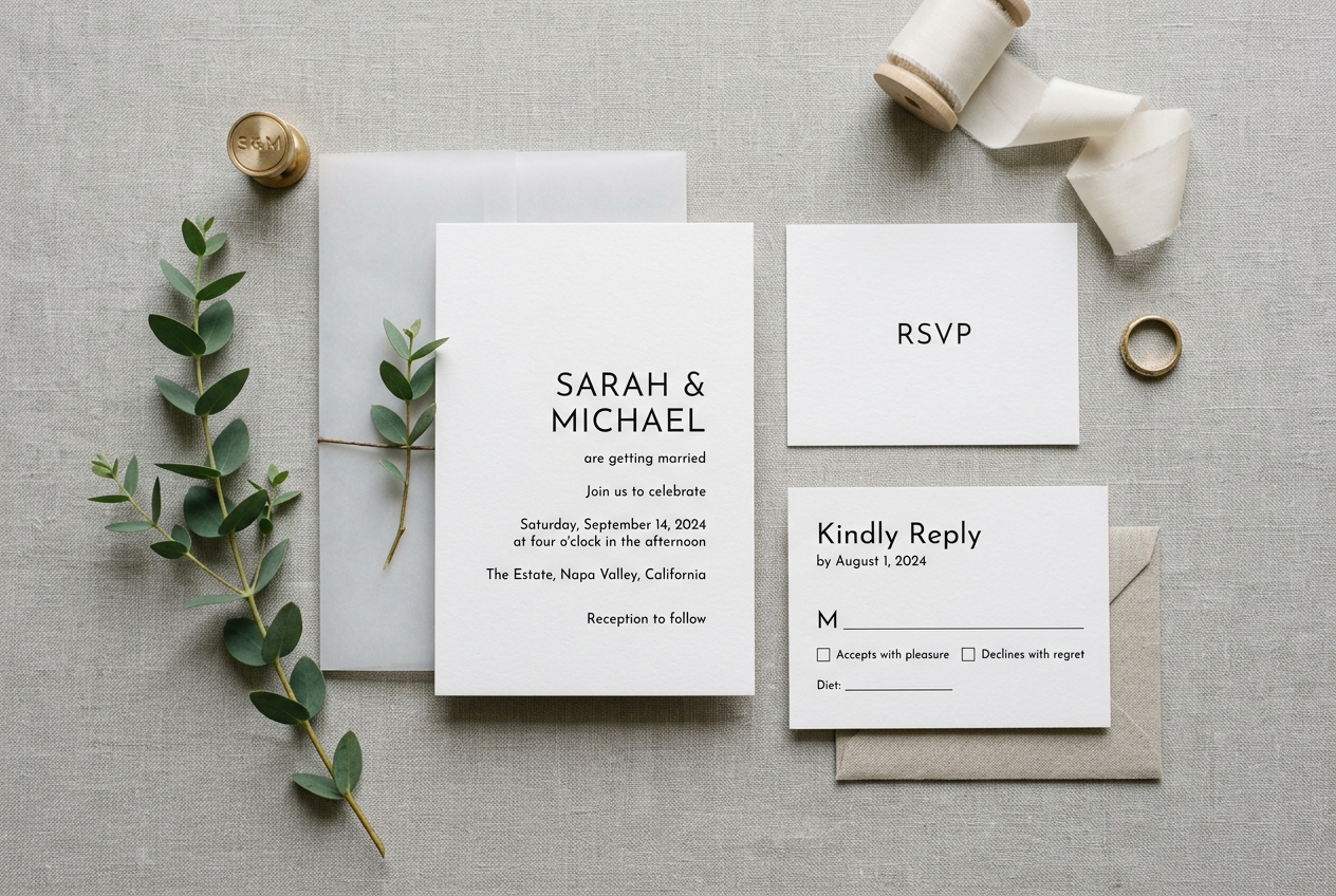 Modern minimalist wedding invitation with clean typography on thick white card, eucalyptus sprig