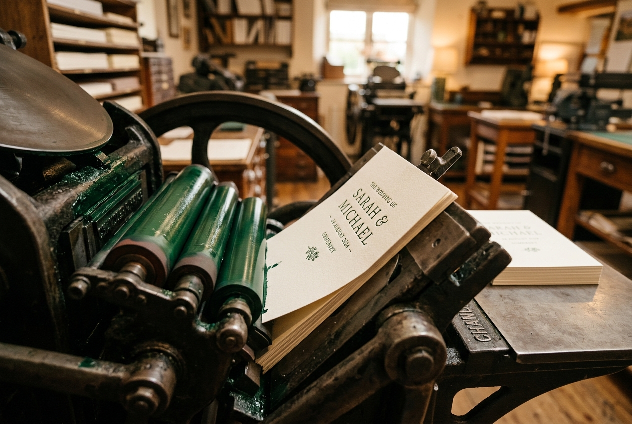 Letterpress printing machine producing wedding invitations, freshly printed cards, ink rollers visible