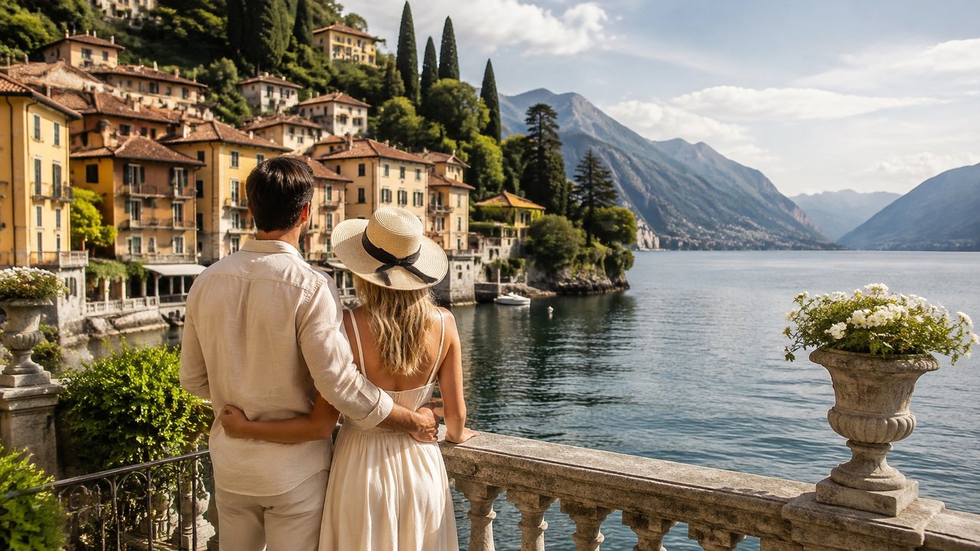 Honeymoon couple overlooking an Italian lake and historic lakeside village