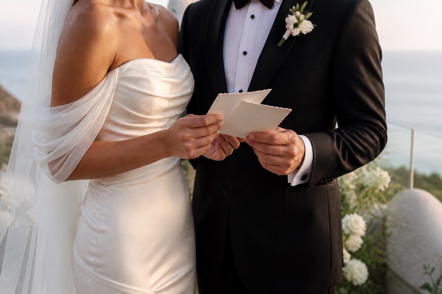 Fictional newlyweds reading private vow cards on an oceanfront terrace