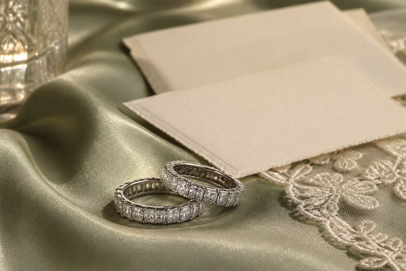 Two matching diamond wedding bands on sage satin and ivory lace