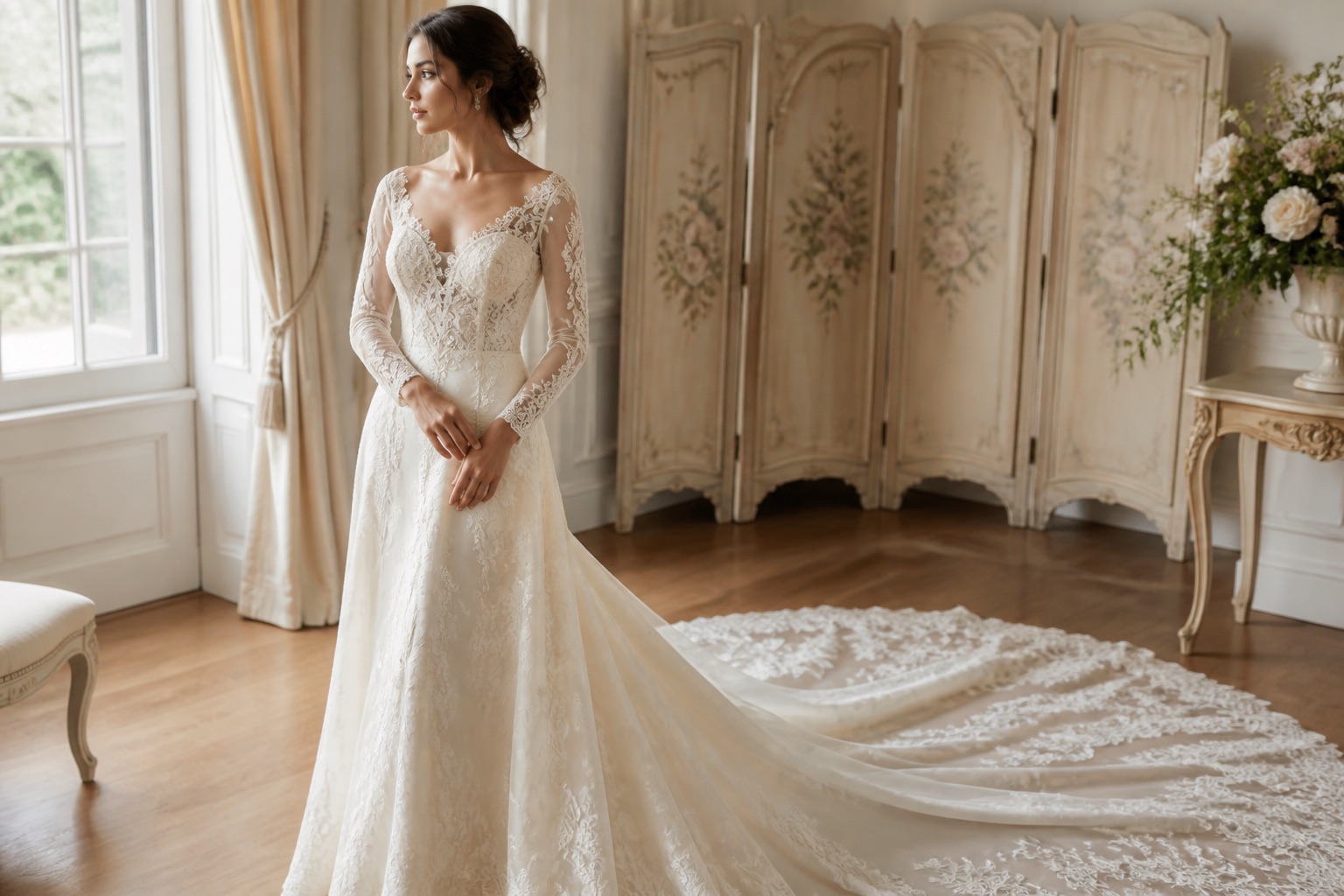 Fictional bride in an original ivory gown combining several lace constructions