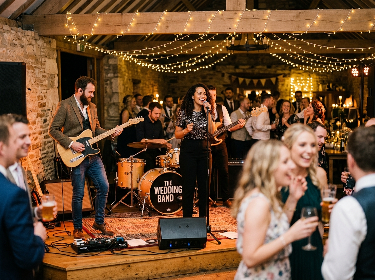 A live wedding band performing at a UK reception