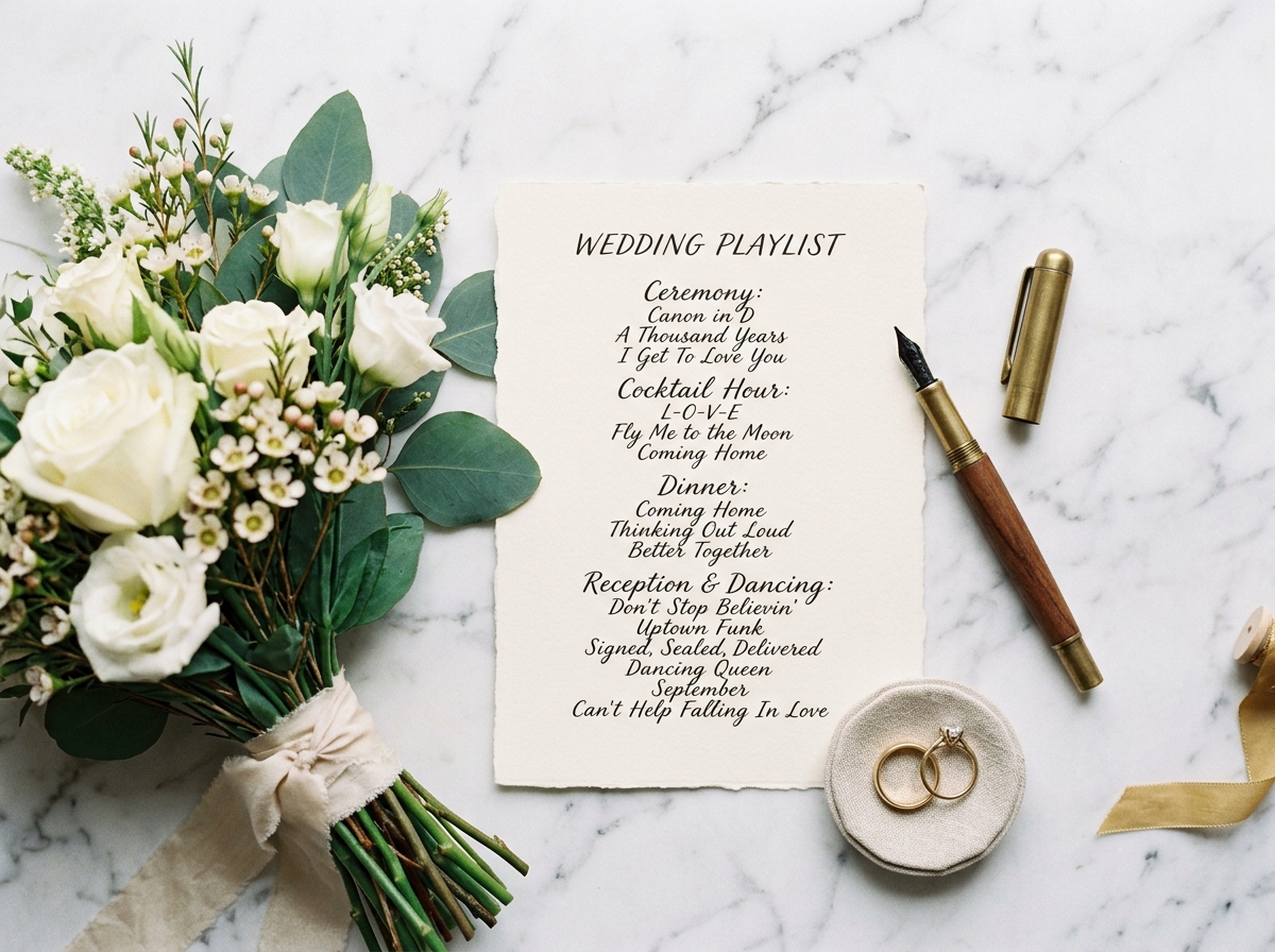 A handwritten wedding playlist on elegant card stock