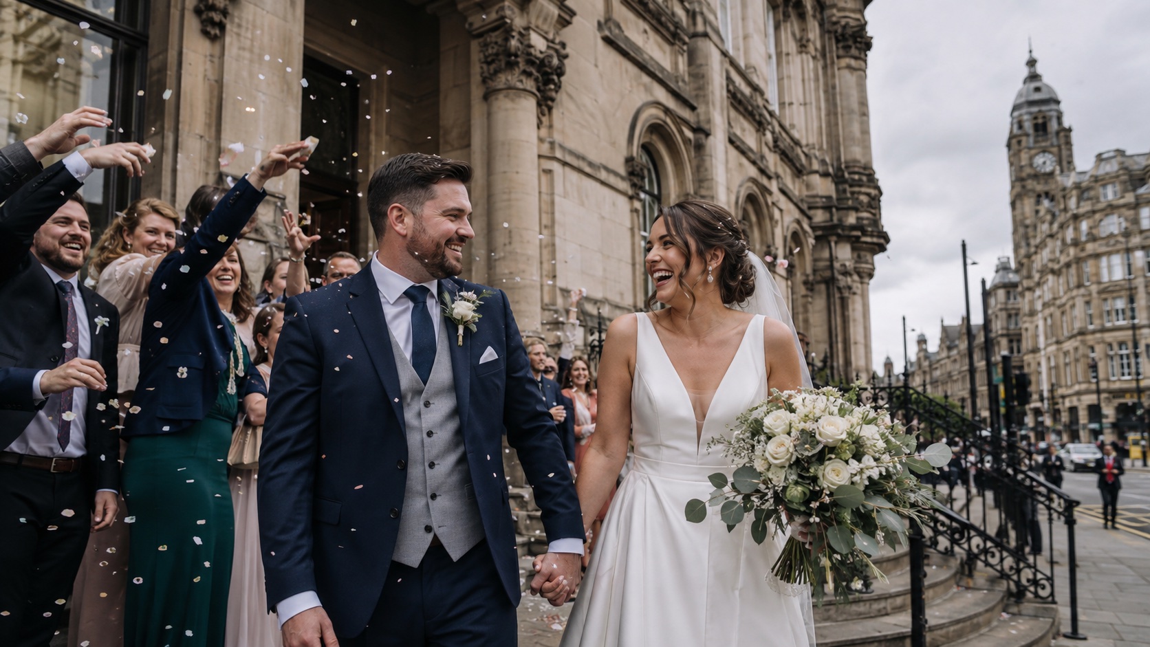 Newlyweds leaving a grand civic wedding venue in central Leeds