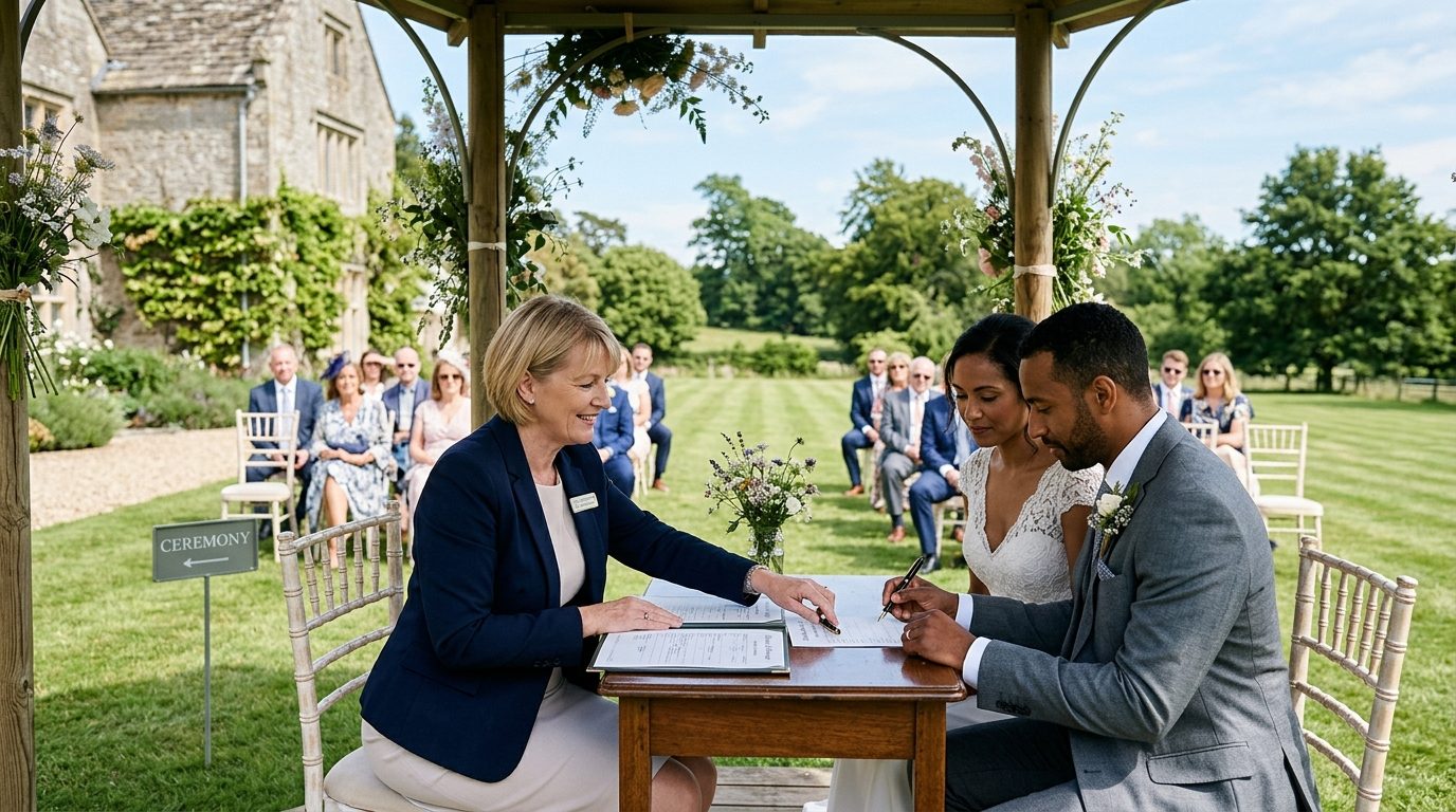 Couple signing their marriage paperwork with a registrar at an outdoor wedding venue
