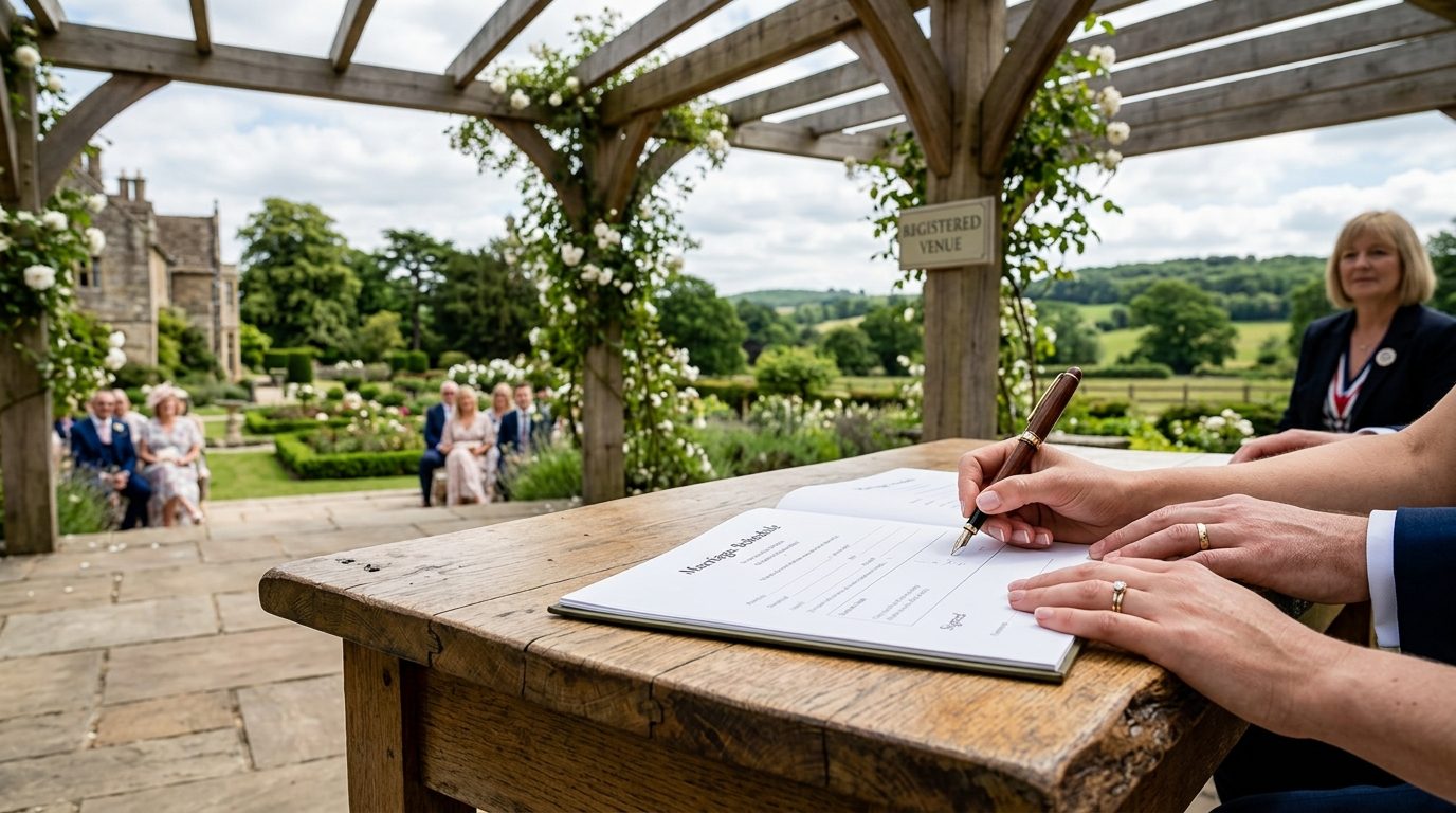 Couple checking their legal ceremony plan and booking dates