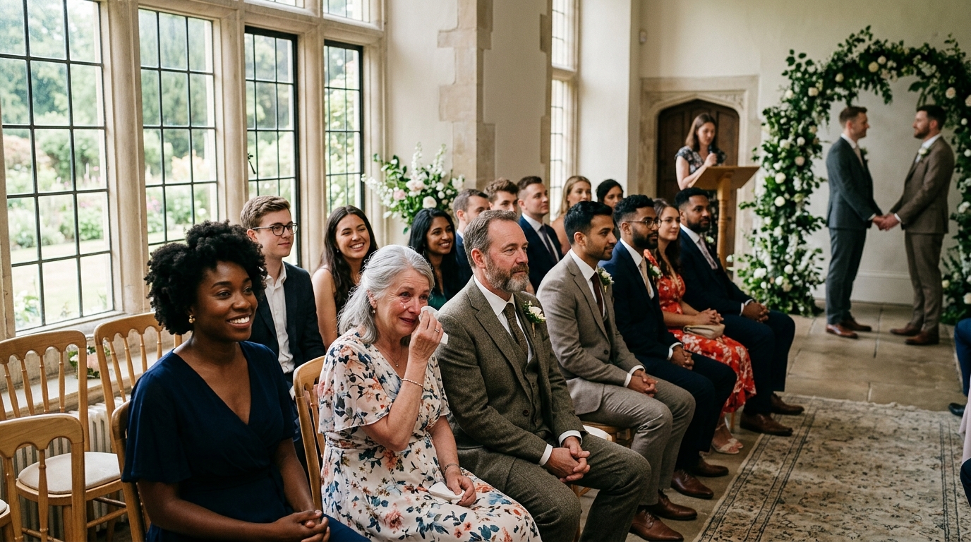 Wedding guests watching an LGBTQ ceremony with visible emotion