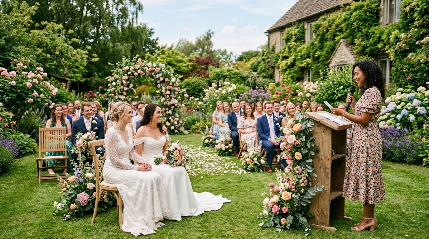 An outdoor LGBTQ wedding ceremony with readings being shared in a garden setting