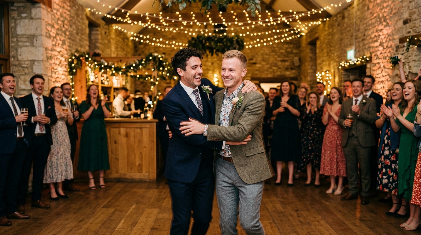 LGBTQ couple enjoying their first dance at the wedding reception