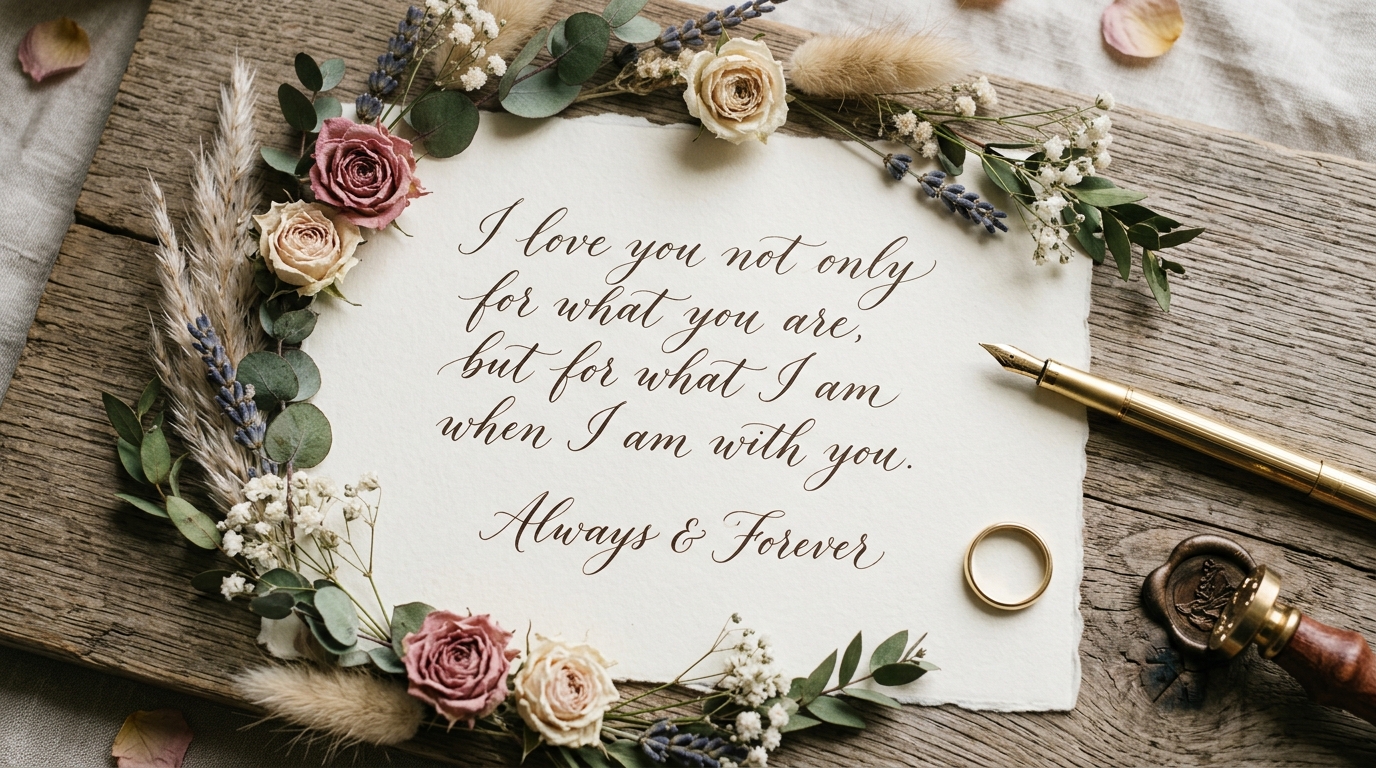 Love quote in calligraphy on cream paper, dried flowers, pen, wedding ring, romantic, soft light