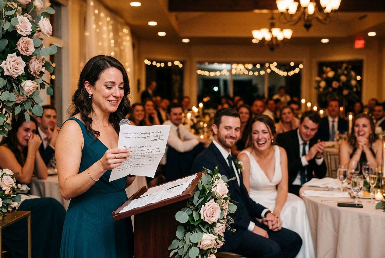 Someone reading a love quote during a wedding speech, guests listening, warm reception lighting
