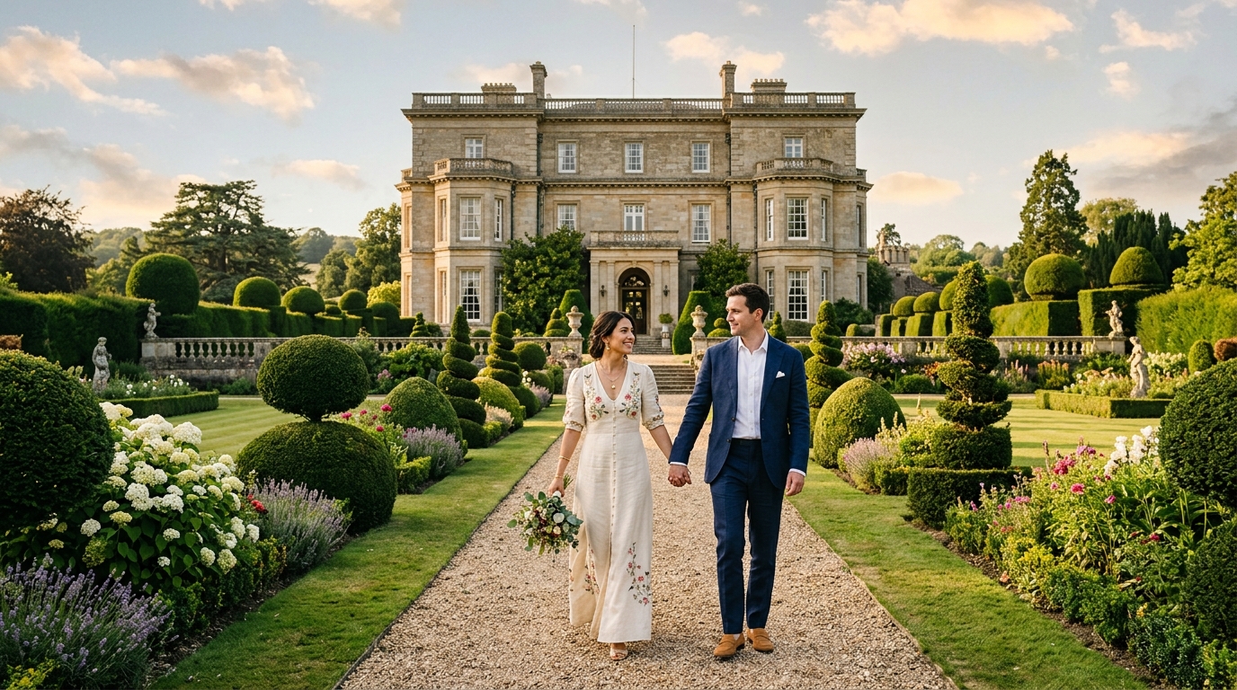 Landscaped grounds with a couple walking through gardens towards a grand venue