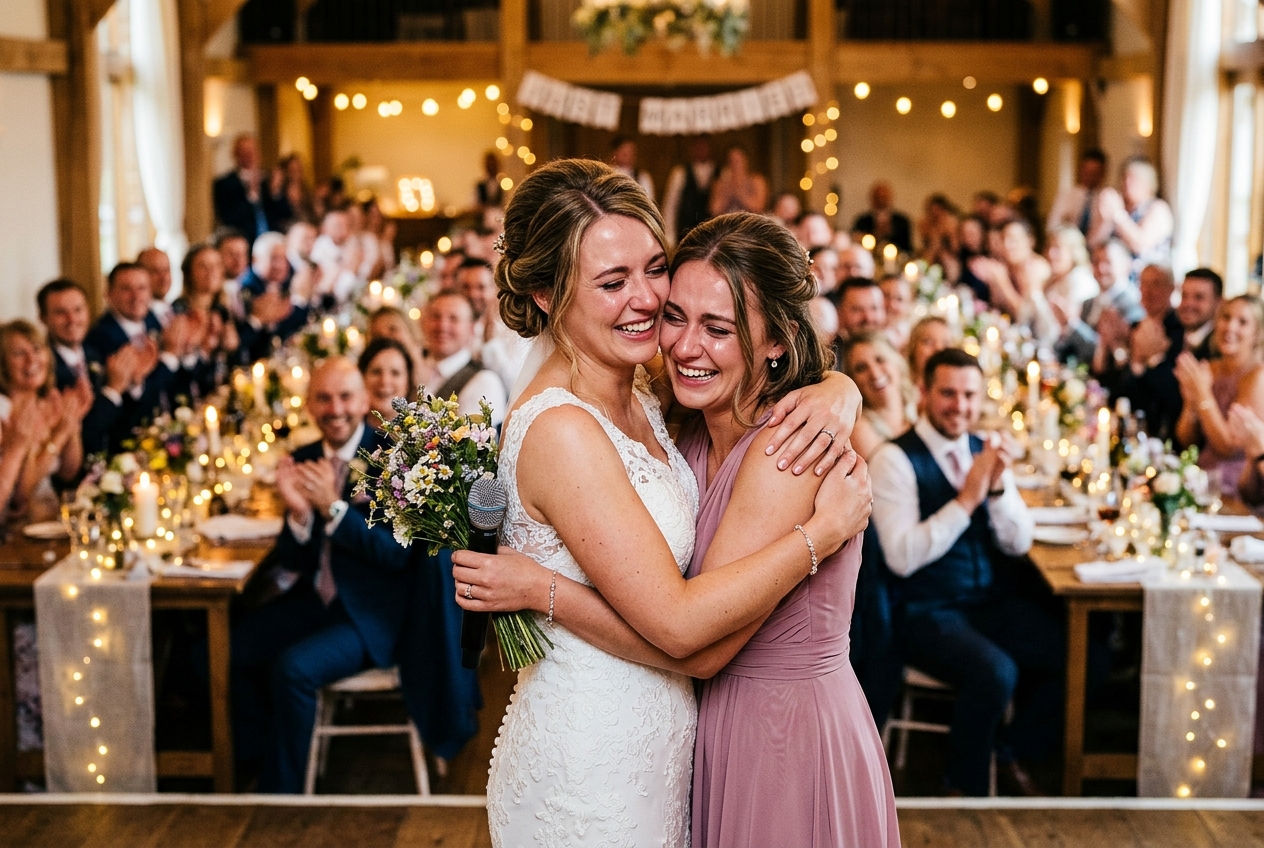 Maid of honour and bride hugging after the speech, both teary-eyed and laughing, guests applauding