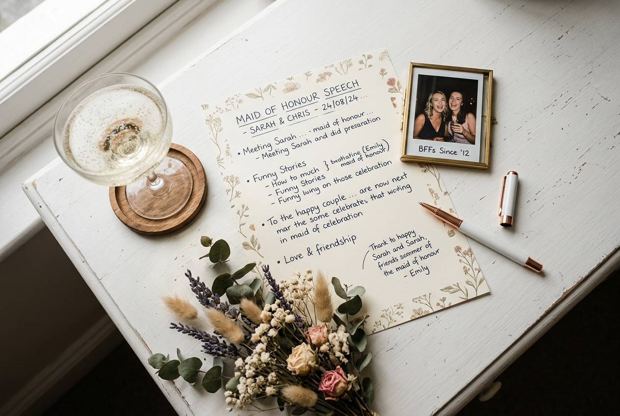 Maid of honour speech preparation — handwritten notes, prosecco, a photo, and dried flowers on a desk