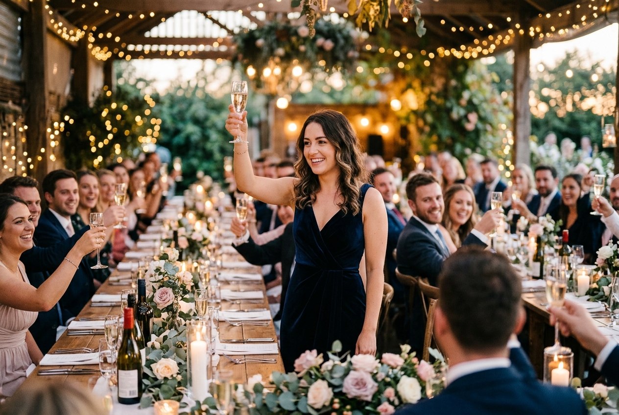 Maid of honour raising a champagne glass for a toast, guests lifting glasses, fairy lights and flowers