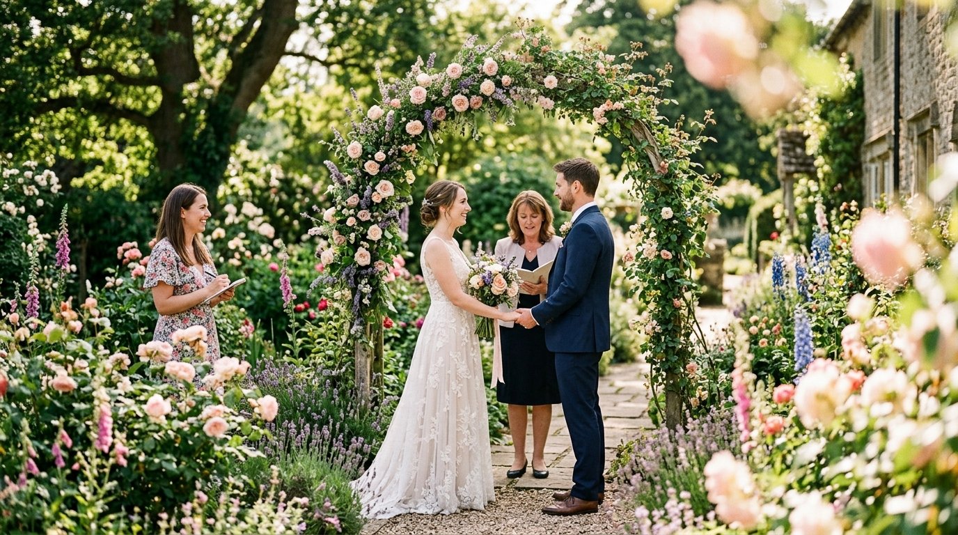Garden elopement with couple exchanging vows under a floral arch in a private English cottage garden