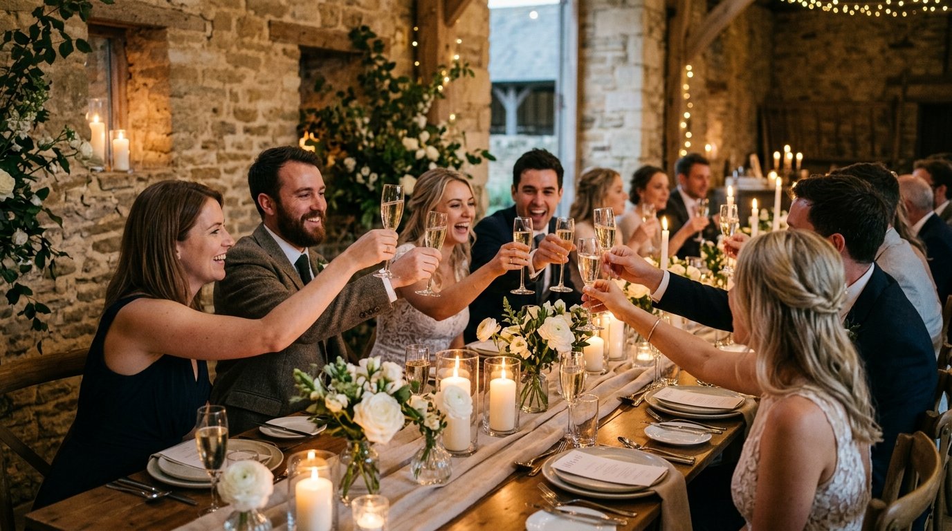Small group toasting at an intimate table, rustic venue with stone walls and candles