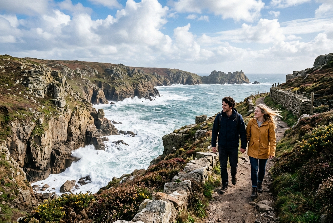 Couple walking along dramatic UK coastline, rugged cliffs, waves, bright windy day