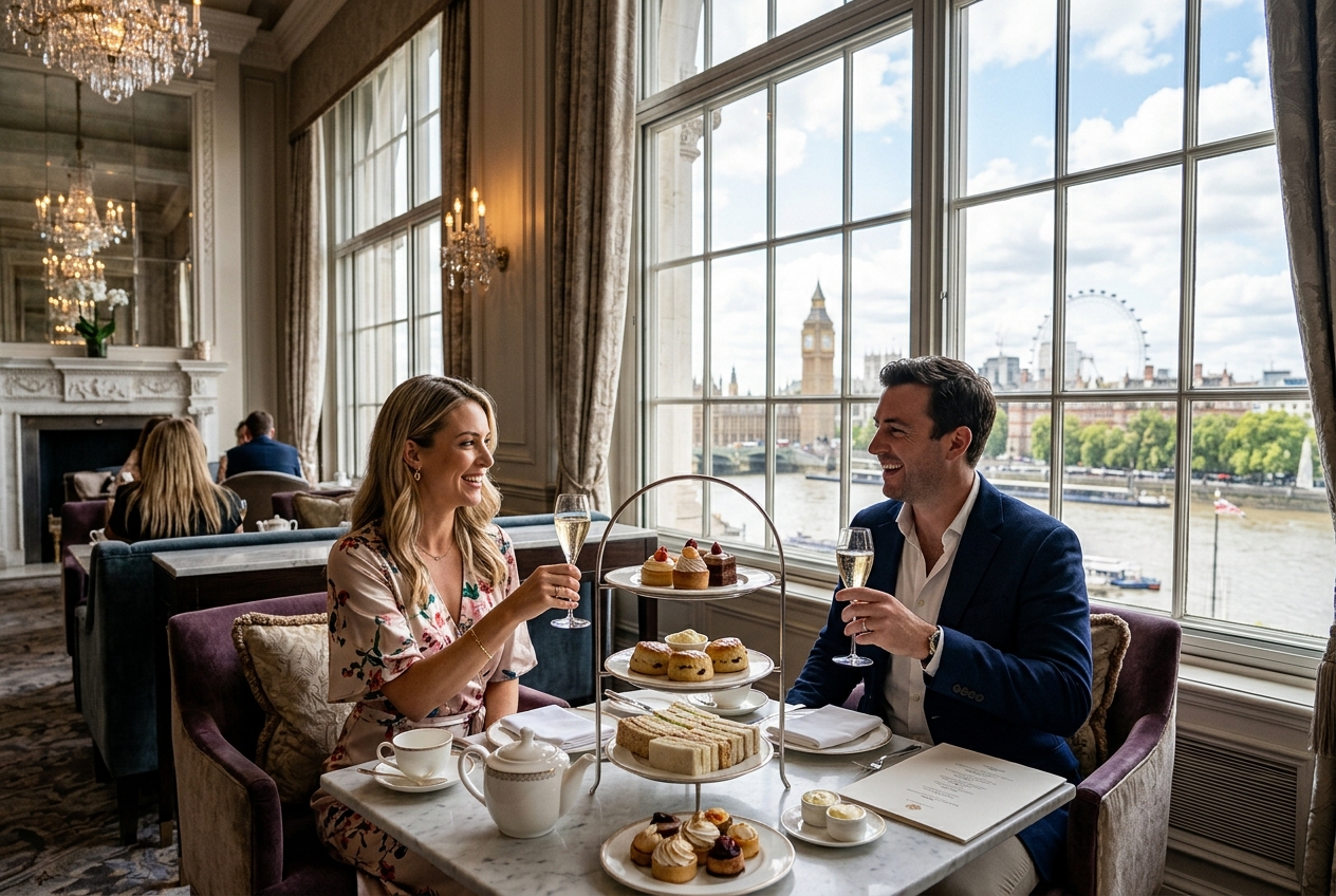 Couple enjoying champagne afternoon tea at a luxury London hotel, city views, elegant interior