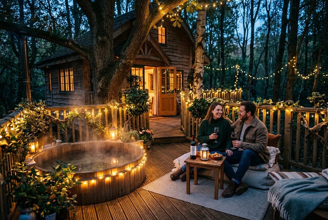 Luxury treehouse in a UK forest, wooden deck with hot tub, fairy lights, couple with wine at dusk