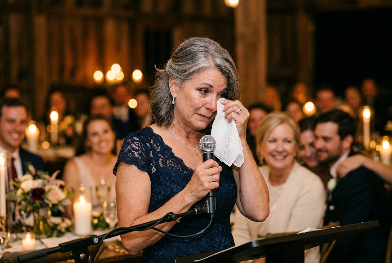 Mother of the bride getting emotional during her speech, dabbing her eye, guests smiling warmly