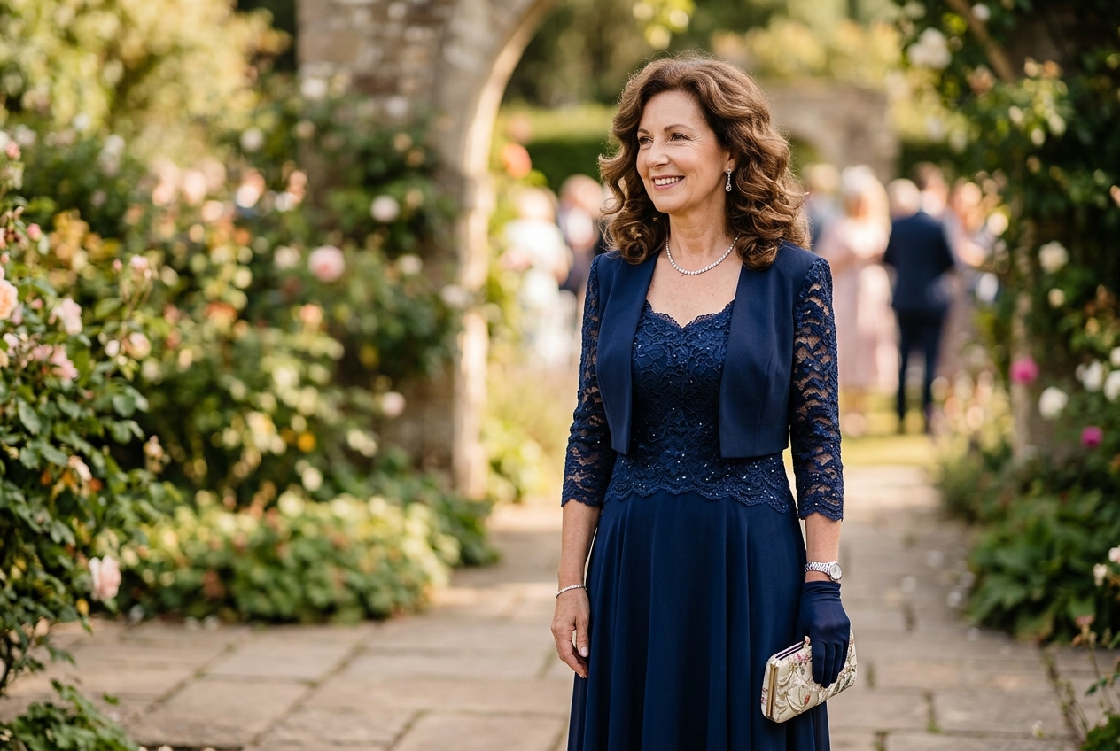 Mother of the bride with sleek low ponytail and statement earrings, modern sophisticated look