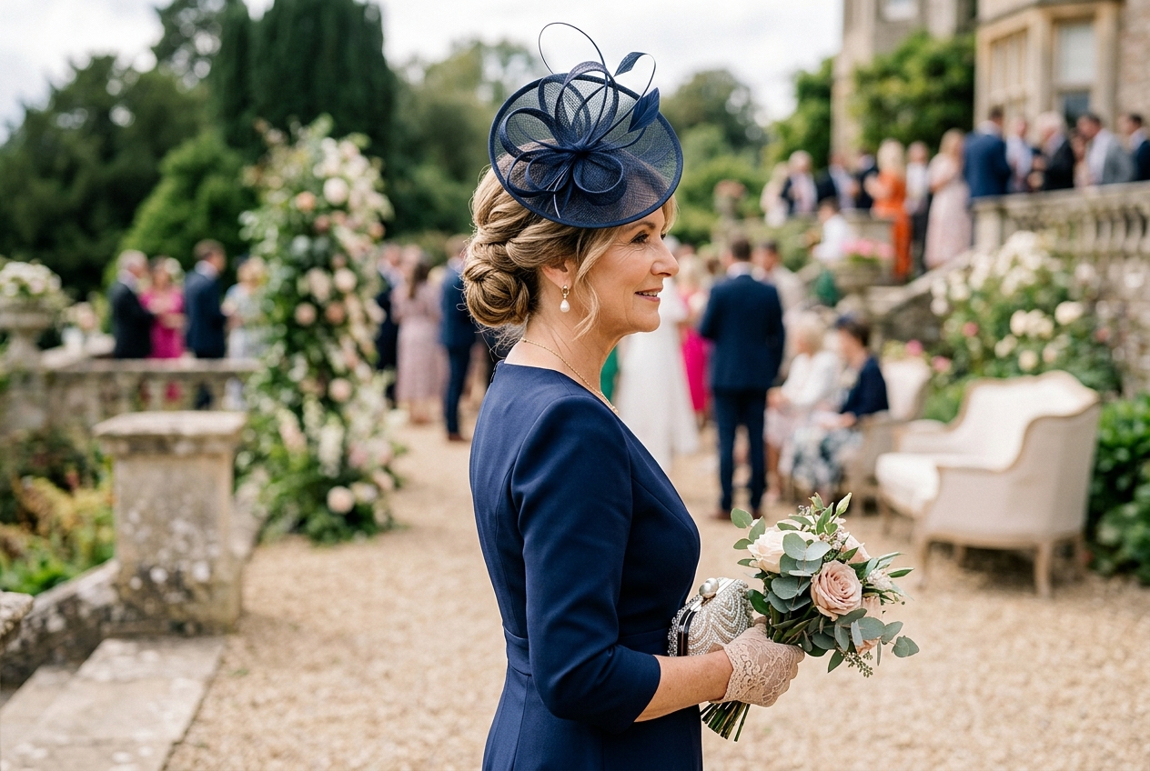 Mother of the bride with elegant low chignon updo, pearl earrings, soft warm light