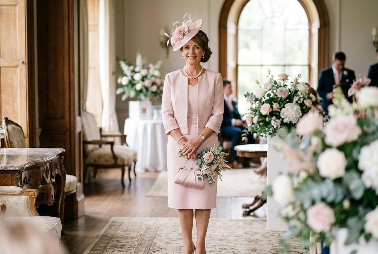 Mother of the bride in classic dress and jacket combination in soft blush pink, fascinator and pearls