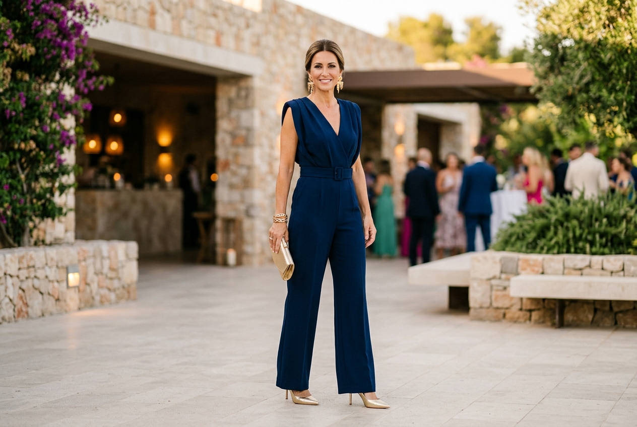 Mother of the bride in modern jumpsuit, sophisticated and contemporary, smart heels, statement earrings