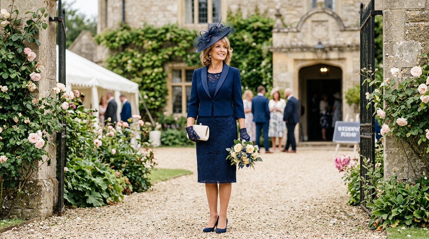 Elegant mother of the bride in beautiful dress and matching jacket with fascinator at country house